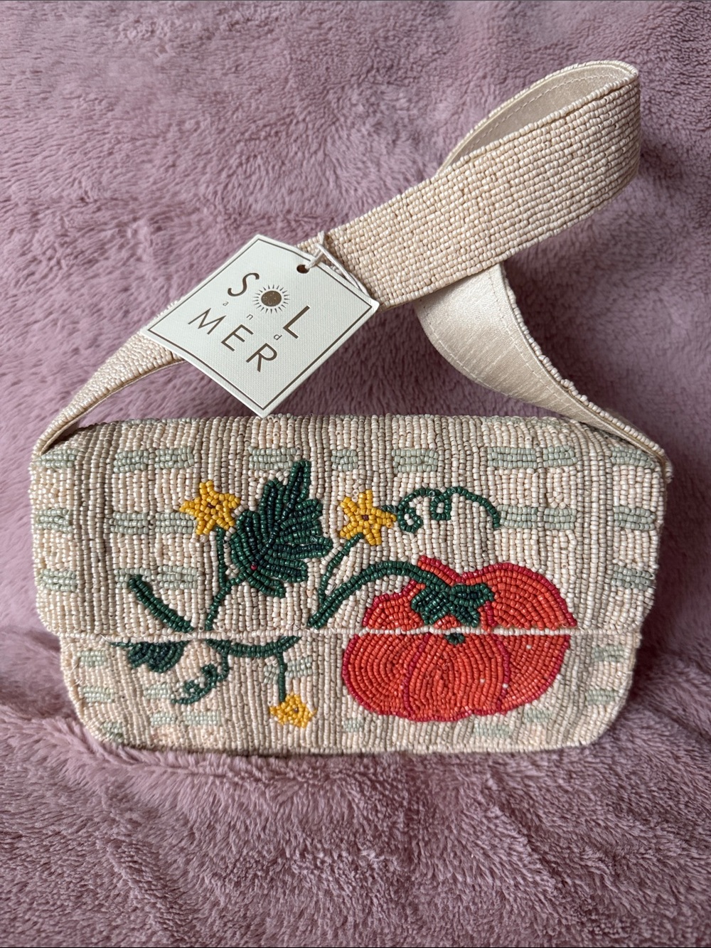 🎃 Viral Sol and Mer Beaded Cream Shoulder Bag with Orange Pumpkin Motif